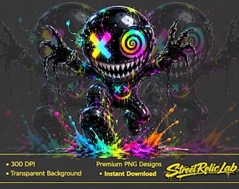 Griezelig Rainbow Drip Monster PNG, neon horror cartoon clipart (digitale download)