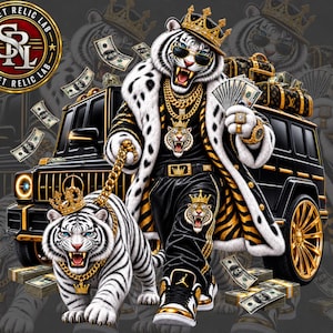 Puede incluir: Una ilustración gráfica de un tigre blanco con corona dorada, gafas de sol y abrigo con borde de piel, sosteniendo un abanico de billetes. Un tigre blanco más pequeño con cadena dorada está cerca. Un SUV negro y billetes flotantes de fondo.