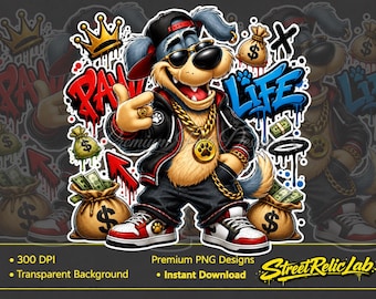 Hip Hop Dog PNG, Paw Life Graffiti Clipart, Urban Money Bag Design (Download digitale)