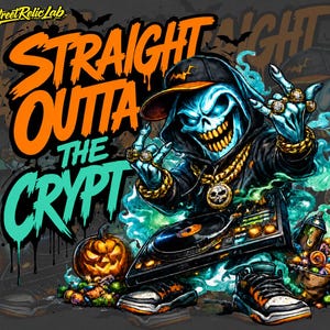 May include: A graphic illustration featuring a blue-skinned skeleton wearing a black hoodie, cap, and gold jewelry, DJing on a turntable. The text reads "STRAIGHT OUTTA THE CRYPT" in orange and teal. A jack-o'-lantern and candy are visible below.