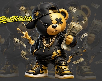 Orsetto di peluche hip hop nero e oro PNG, clipart di orso rap streetwear (download digitale)