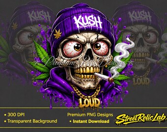 Kush Skull PNG, Weed Skeleton Graphic, Cannabis Skull Clipart, Stoner PNG Download, Hip Hop Skull Design, Purple Beanie Streetwear