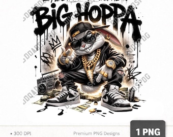 Big Hoppa Hip Hop Bunny PNG, grafica di coniglio gangster urbano (download digitale)