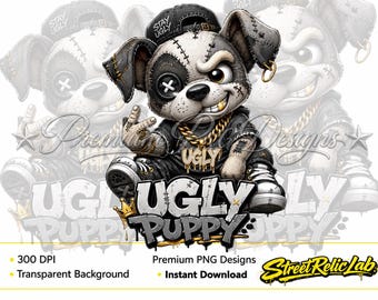 Cucciolo brutto PNG, clipart di cane cucito, design hip hop streetwear (download immediato)