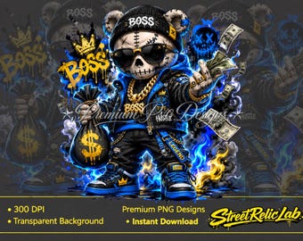 Hip Hop Skull Teddy Bear PNG, Streetwear Clipart, Money Bag Gangster Design (Digital Download)