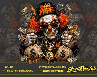Hip Hop Skull Clown PNG, Money Bags, Streetwear Halloween Graphic (Digital Download)
