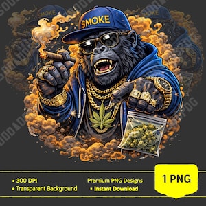 Può includere: Illustrazione digitale di un gorilla con un berretto blu con "$SMOKE", occhiali da sole e gioielli d'oro, che fuma un sigaro. Il gorilla tiene in mano un sacchetto di marijuana. Lo sfondo è un design fumoso.