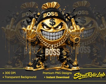 Gold Money Bag PNG, Boss Mascot Design, Hip Hop Streetwear (Digital Download)