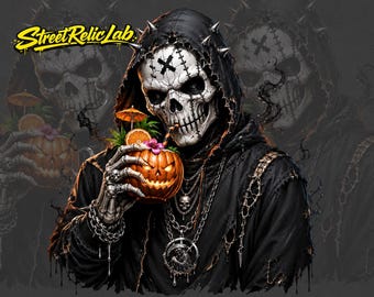 Teschio mietitore di Halloween PNG, cocktail con zucca scheletrica, clipart streetwear horror (download digitale)