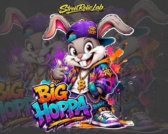 Big Hoppa Hip Hop Bunny PNG, design graffiti streetwear con coniglio (download digitale)