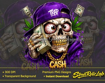 Hip Hop Skull PNG, Purple Trap Rapper Art, Cash Skeleton Clipart (Digital Download)