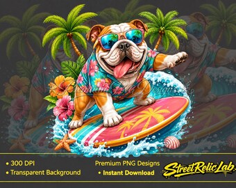 Surfen Bulldog png, zomerstrand clipart, tropische Hawaiiaanse hond (digitale download)