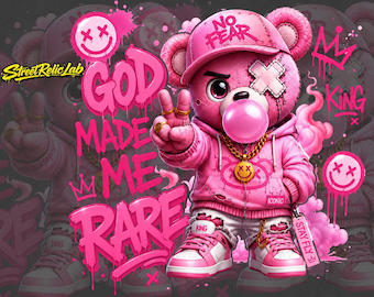 Roze hiphopteddybeer png, God Made Me Rare png, streetwear beer digitale download, schattige graffitibeer png