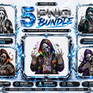 May include: A digital design bundle featuring five high-resolution PNG images of hooded figures with skull masks, wearing layered chains and streetwear. The central graphic displays a figure in a rainbow-colored hoodie with the text KING.