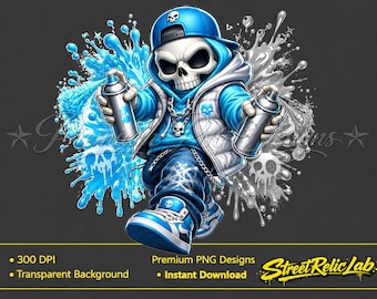 Graffiti Hip Hop con scheletro, disegno di teschio blu dipinto con vernice spray (download digitale)