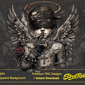 May include: A digital illustration of a winged figure wearing a baseball cap with a skull emblem, a blindfold, and a barbed wire halo. The figure has tattoos, a cross necklace, and a red rose, with smoke rising from a cigarette held to their lips.
