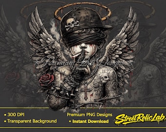 Angelo cherubino gotico PNG, clipart streetwear dark, disegno tatuaggio con teschio e aureola (download digitale)