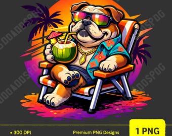 Beach Bulldog png, zomer hondenshirt ontwerp, tropische zonnebril hond afbeelding (directe download)