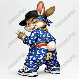 May include: A cartoon rabbit wearing a black cap, blue bandana, and a blue and white star and moon patterned outfit. The rabbit is winking and wearing a gold chain, watch, and ring. The rabbit is wearing blue and white sneakers.