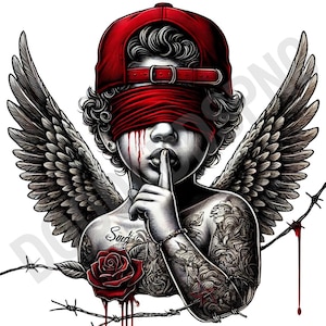 May include: A grayscale illustration of an angel with black wings, a red blindfold, and a red baseball cap. The angel has tattoos and a finger on its lips, with a red rose and barbed wire in the foreground.