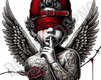 Gothic Blindfolded Angel PNG Dark Cherub Tattoo Art Rose & Barbed Wire Clipart
