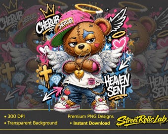 Orsetto cherubino PNG, design per maglietta con orsetto di peluche inviato dal cielo, angelo streetwear per sublimazione (download digitale)
