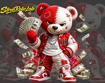 Clipart di orsacchiotto rosso Hustler, orsacchiotto hip hop con soldi in formato PNG (download digitale)