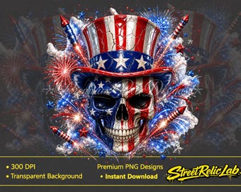 Patriotic Skull PNG, American Flag Top Hat Shirt Design, 4th of July Sublimation  USA Skull  Transfer, Fireworks Digital Download