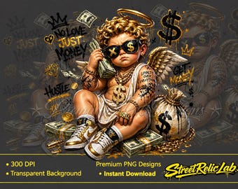 Money Angel PNG, Hip Hop Cherub Sublimation Design, Gold Hustle Streetwear Graphic, Digital Download