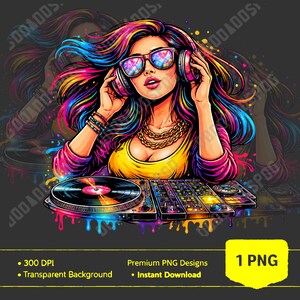 Colorful DJ Girl PNG Neon Music DJ Clipart Party Graphic Instant Download