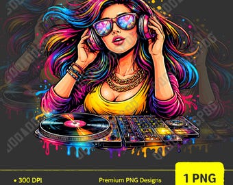 Colorful DJ Girl PNG Neon Music DJ Clipart Party Graphic Instant Download