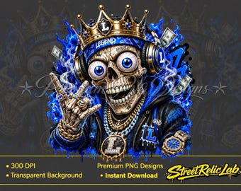 Hip Hop King Skull PNG, Urban Streetwear Design, Crown Rap DTF Transfer (Digital Download)
