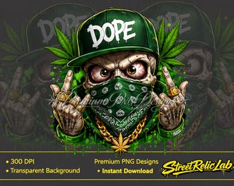 Dope Skull PNG, Weed Skull Streetwear Graphic, Cannabis Bandana Skull, Hip Hop Skull PNG, 420 Sublimation Design