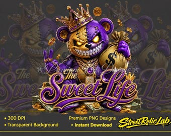 Purple Gold Hip Hop Teddy Bear PNG, "The Sweet Life" Clipart (Digital Download)