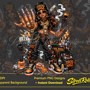 May include: A digital illustration of a woman in a black and orange outfit, adorned with gold jewelry, sunglasses, and a "Stacks Nailz" headband. She is holding nail tools and showcasing long, decorated nails. The image includes nail polish bottles and the text "Nail Boss".