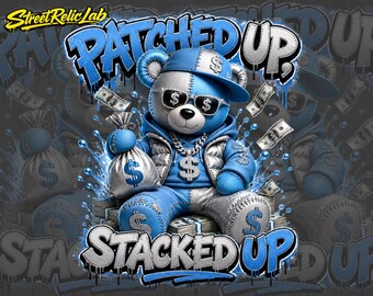 Orsacchiotto rattoppato e impilato PNG, grafica streetwear con soldi (download digitale)