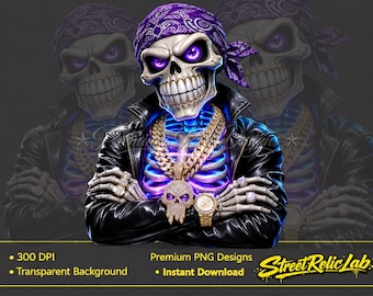 Hiphop-skelett PNG, lila bandana-skalle, bling-gangsterdesign (digital nedladdning)