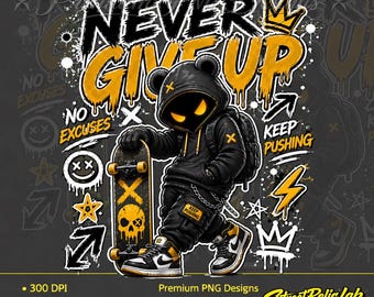 Orso graffitista motivazionale sullo skateboard PNG, grafica streetwear urbana (download a 300 DPI)