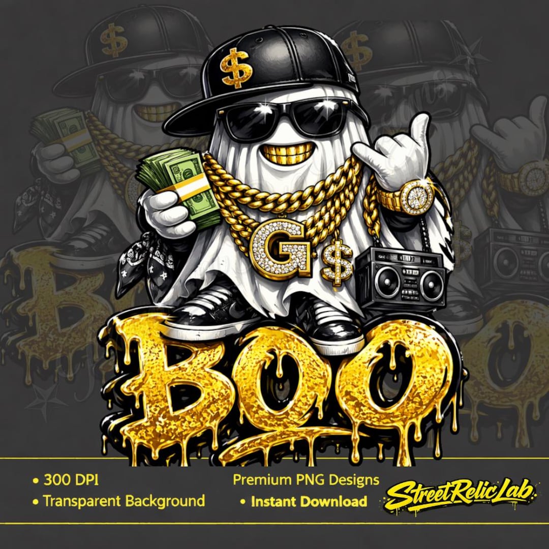 Drip Boo Hip Hop Ghost Boo PNG, Drip Gold Halloween Streetwear Graphic (instant ...