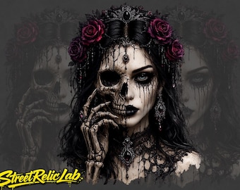 Donna teschio gotico PNG, clipart Regina Rosa Oscura, ritratto di bellezza horror (download digitale)