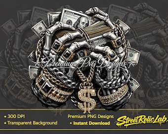 Skeleton Hands Money PNG, Hip Hop Cash Stack Clipart, Bling Dollar Sign (Digital Download)