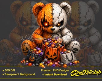 Creepy Stitched Teddy Bear Halloween PNG, Spooky Candy Trick or Treat Sublimation (Digital Download)