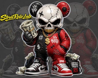 Red Black Skull Teddy Bear PNG, Hip Hop Streetwear Graphic (Digital Download)
