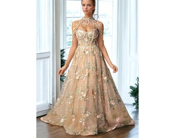 Pearl Fairy corset dress, prom tulle dress, flower applique dress, bustier dress, alternative wedding dress, corset ball gown, prom dress