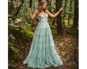 Tulle Fairy Prom dress, Green prom dress, fairycore dress, corset wedding dress, elven dress, prom dress ball gown, fairy ball gown