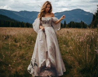 Medieval wedding Dress, Bohemian wedding dress, Renaissance gown, prom dress, milkmaid dress, Fairy dress, renaissance dress