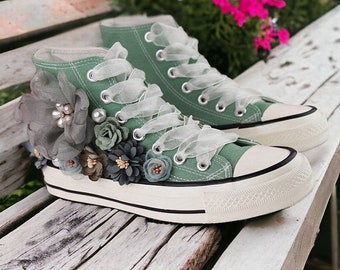 3D Sneakers green, Bridal Sneakers, Wedding sneakers for bride, flower sneakers, wedding flat shoes, white seakers woman, woman sneakers