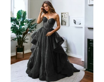 Black wedding tulle prom dress, gothic ball gown, black ball gown, dark fairy prom dress, tulle corset ball gown