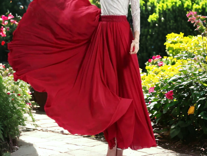 Maxi jupe en mousseline de soie, jupe de danse, jupe renaissance, jupe longue, jupe édouardienne, jupe cottage, jupe élégante, jupe large, jupe romantique Red