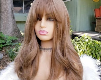 Layered Brown Wig with Bangs: Mid-Length Heat Resistant Synthetic Hair